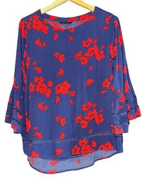 John Mark Floral Bell Sleeve Top Women's Medium Navy Blue Red July Lattice Lace